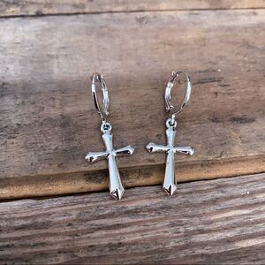 White Gold Cross Huggie Hoop Dangle Earrings 80s Minimalist Religious Punk